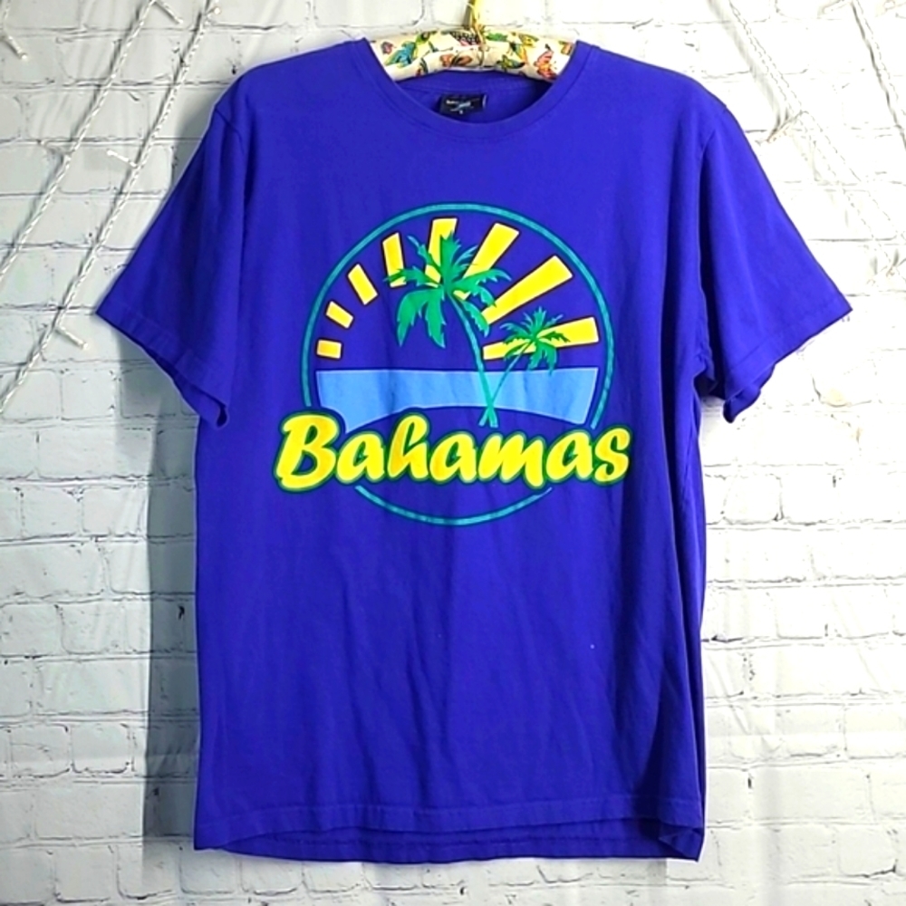 Vintage 90s Bahamas Rising Sun Beach Tropical Graphic Print Navy Blue Tee Mens L - Picture 9 of 15